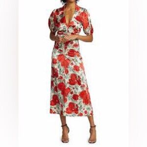 GANNI Silk Floral Midi Dress Red Rose Print Ruched Front Size 38 NWT